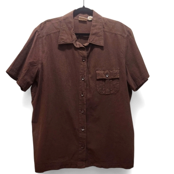 Vintage Erika Woman Plus Sz 2X Brown Camp Utility Short Sleeve Cotton Button Up - Picture 1 of 3
